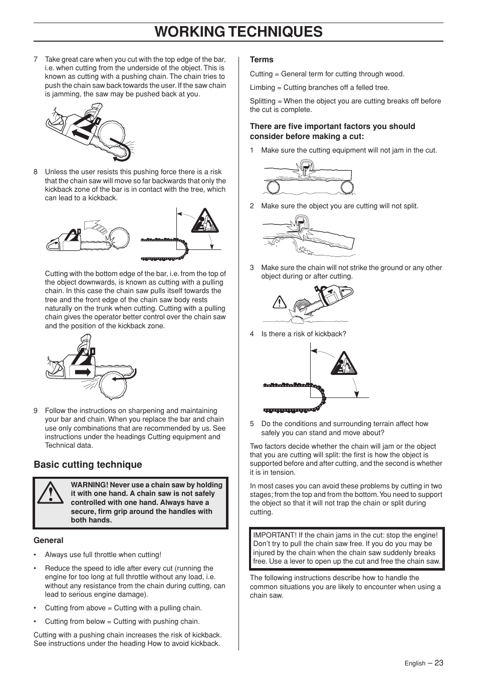 Basic cutting technique, Working techniques | Husqvarna 336 EPA I User Manual | Page 23 / 40