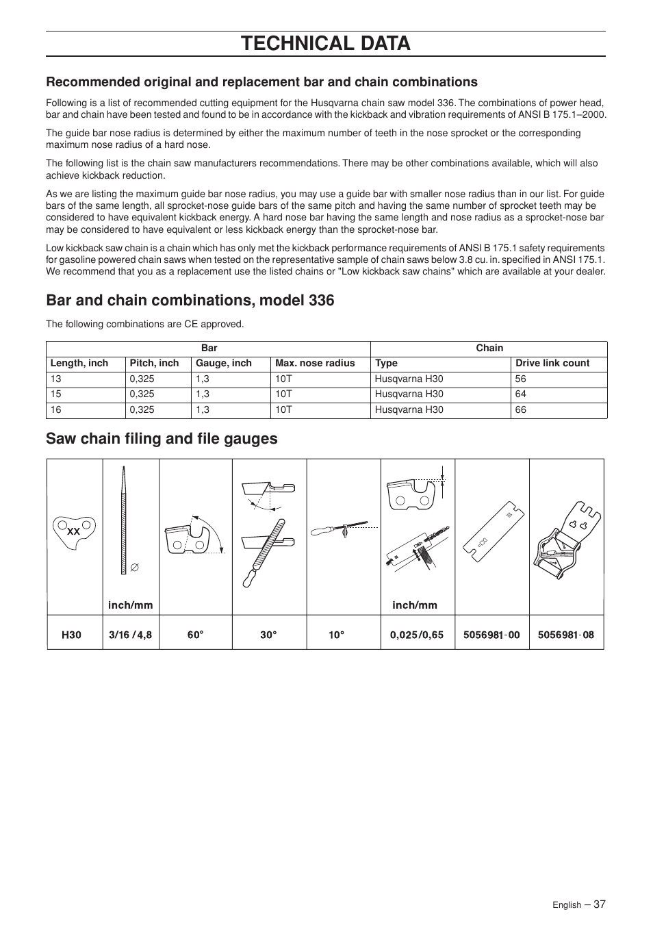 Bar and chain combinations, model 336, Saw chain filing and file gauges, Technical data | Husqvarna 336 EPA I User Manual | Page 37 / 40