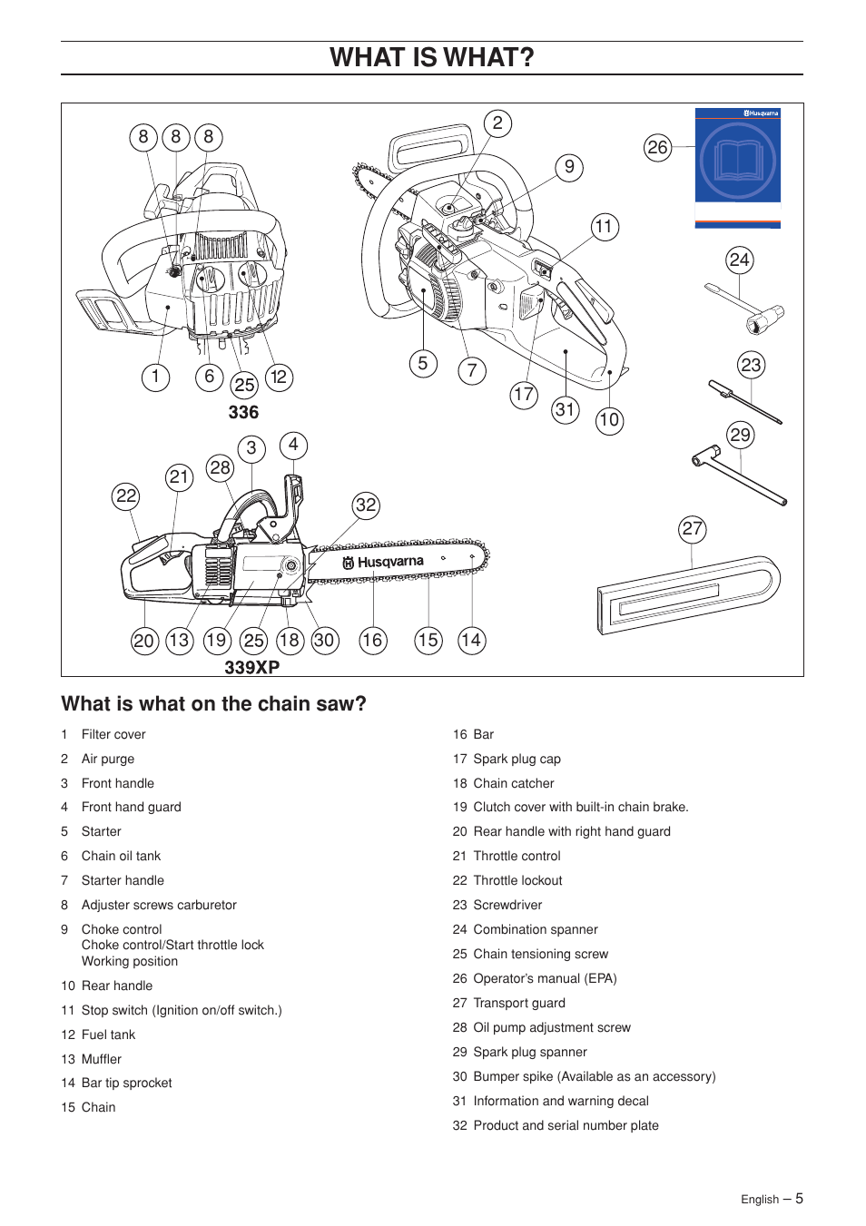Wha t is wha t, What is what on the c hain saw | Husqvarna 336 EPA I User Manual | Page 5 / 40