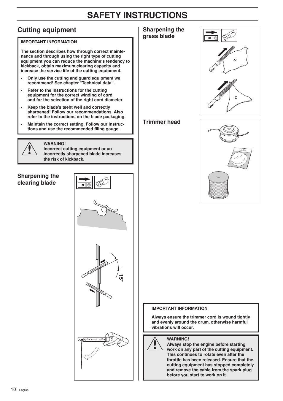Safety instructions, Cutting equipment | Husqvarna 325RXT-Series User Manual | Page 10 / 44