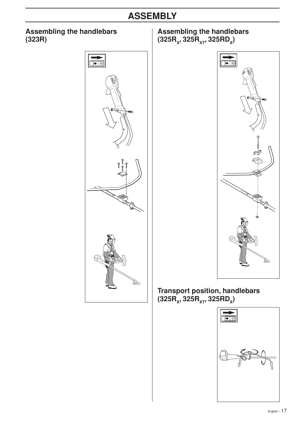 Assembly, Assembling the handlebars (323r), Assembling the handlebars (325r | 325r, 325rd, Transport position, handlebars (325r | Husqvarna 325RXT-Series User Manual | Page 17 / 44