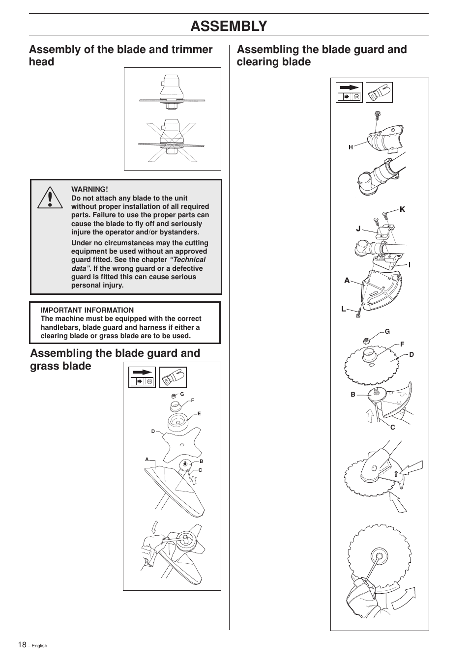 Assembly, Assembling the blade guard and grass blade | Husqvarna 325RXT-Series User Manual | Page 18 / 44
