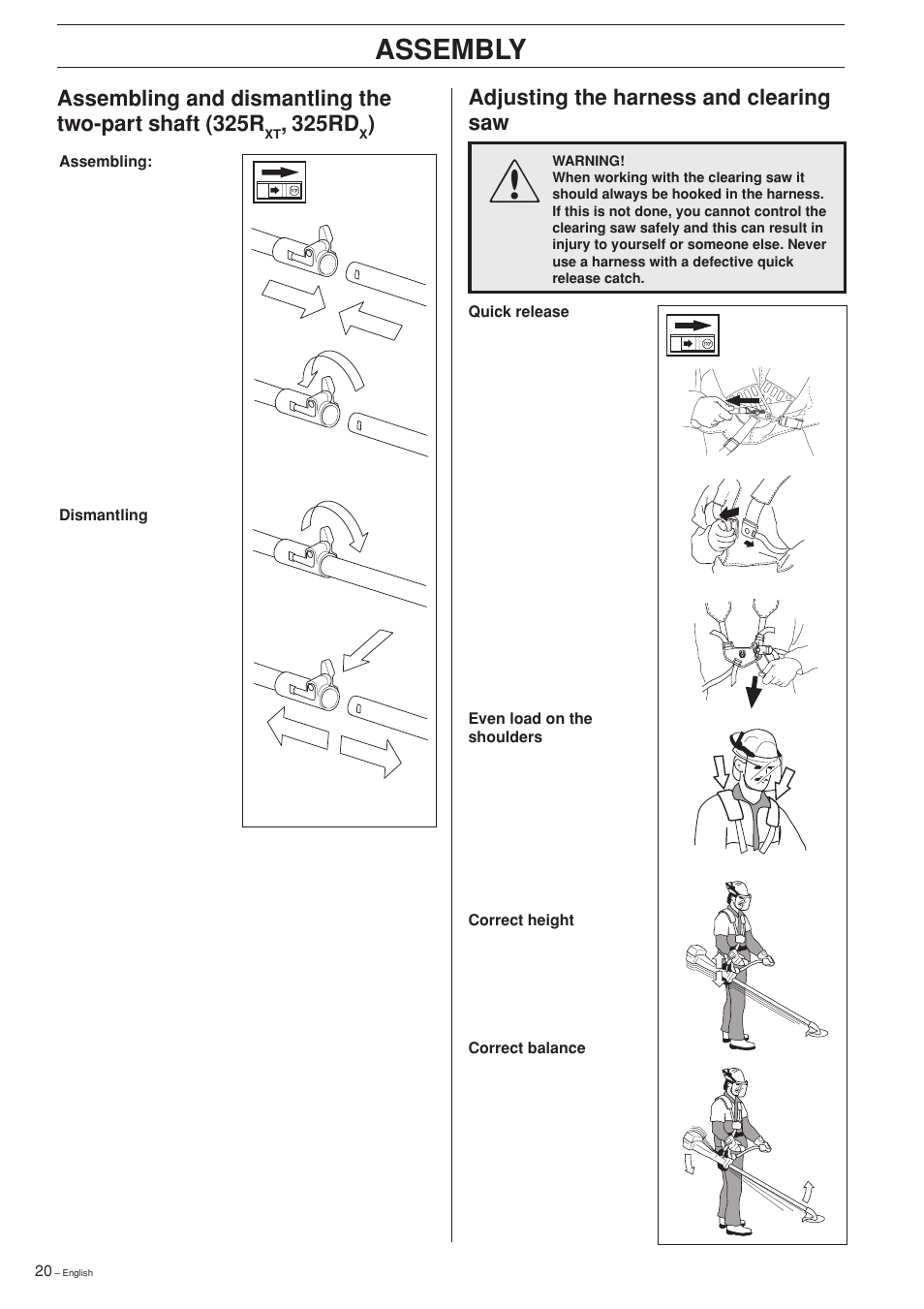 Assembly, Adjusting the harness and clearing saw, 325rd | Husqvarna 325RXT-Series User Manual | Page 20 / 44