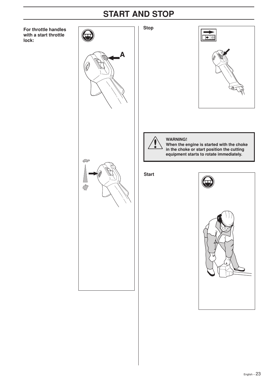 Start and stop | Husqvarna 325RXT-Series User Manual | Page 23 / 44