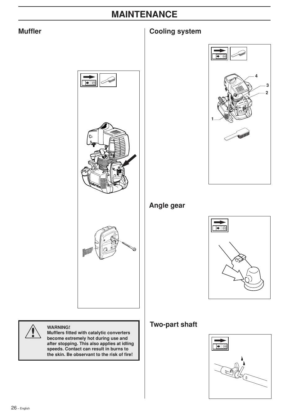 Maintenance, Cooling system, Muffler | Angle gear, Two-part shaft | Husqvarna 325RXT-Series User Manual | Page 26 / 44
