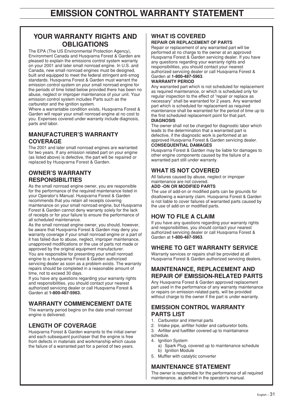 Emission control warranty statement, Your warranty rights and obligations | Husqvarna 325RXT-Series User Manual | Page 31 / 44
