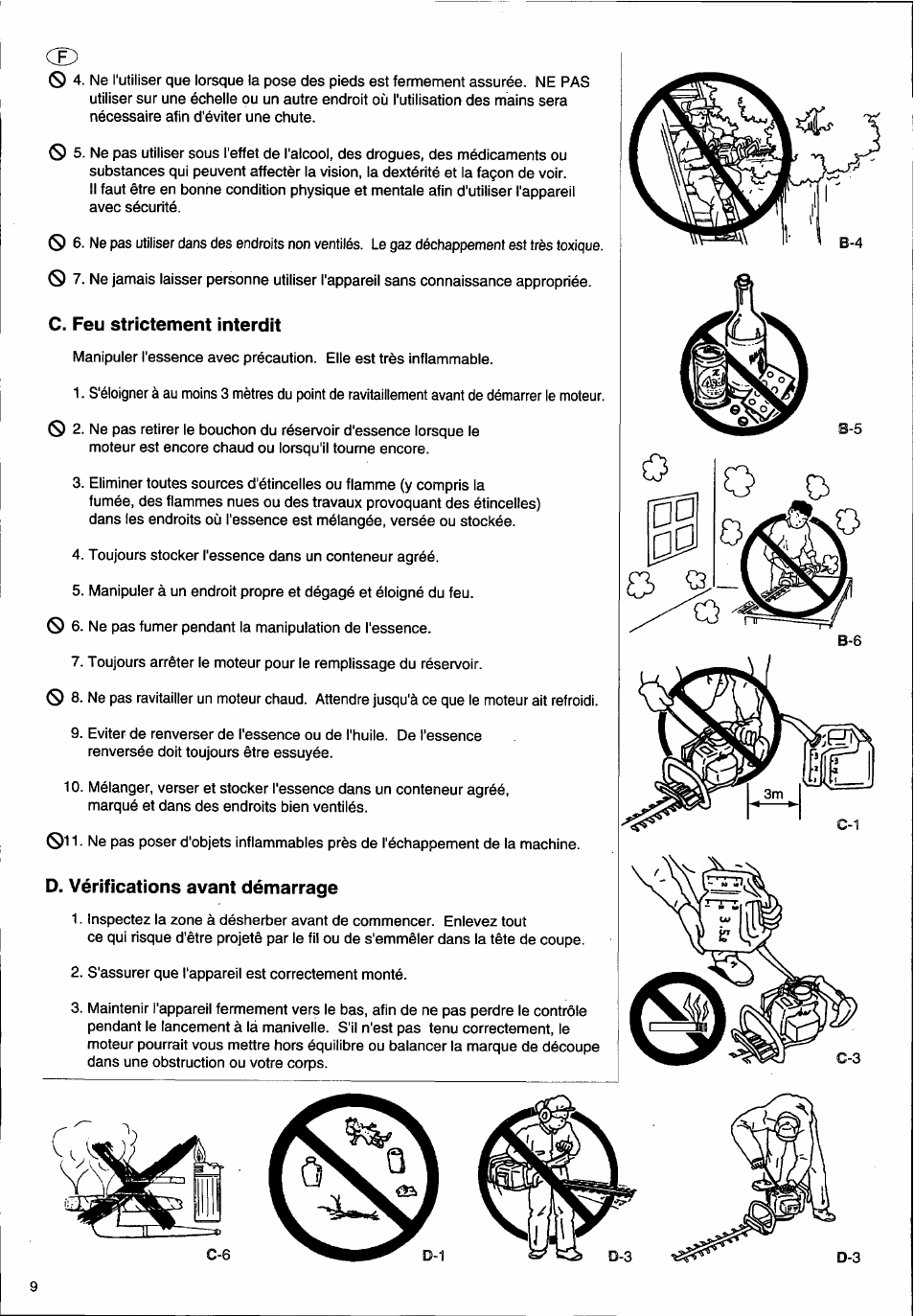 C. feu strictement interdit, D. vérifications avant démarrage | Husqvarna 26H User Manual | Page 10 / 41