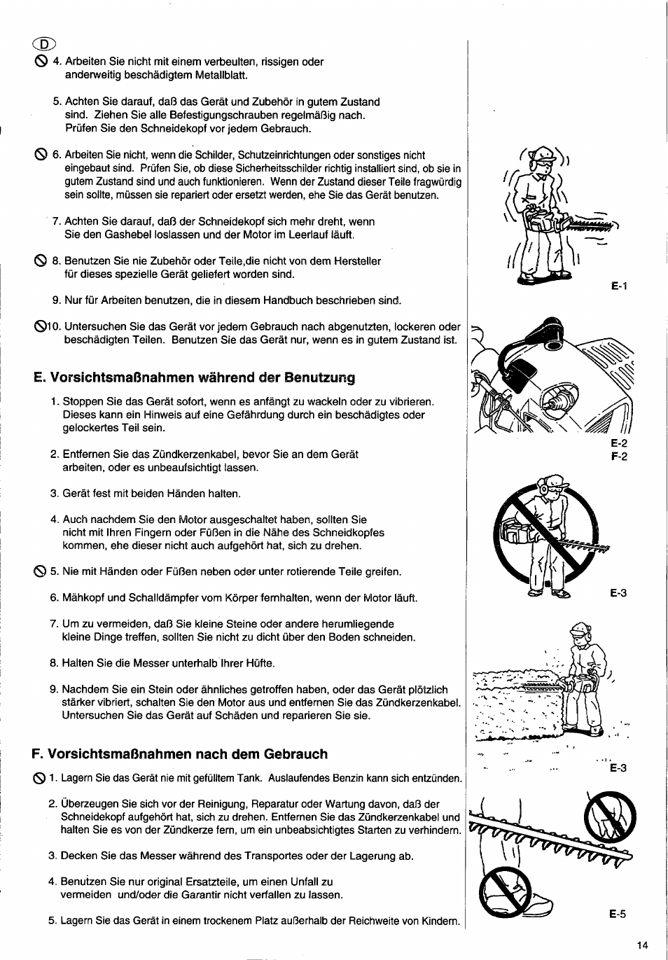 E. vorsichtsmaßnahmen während der benutzung, F. vorsichtsmaßnahmen nach dem gebrauch | Husqvarna 26H User Manual | Page 15 / 41