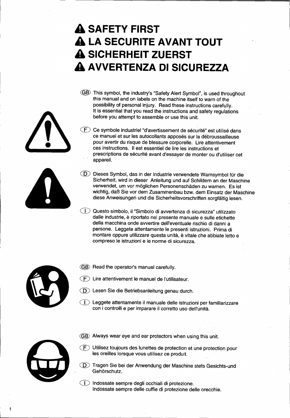 Safety first, La securite avant tout, Sicherheit zuerst | Avvertenza dl sicurezza | Husqvarna 26H User Manual | Page 2 / 41