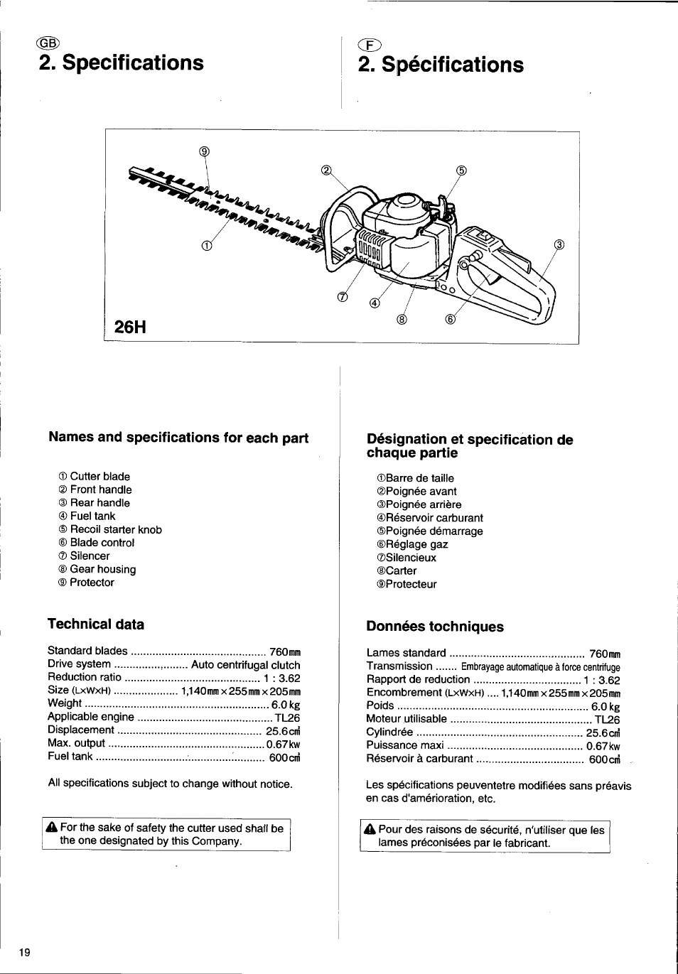 Specifications, Spécifications, Technical data | Désignation et specification de chaque partie, Données techniques | Husqvarna 26H User Manual | Page 20 / 41