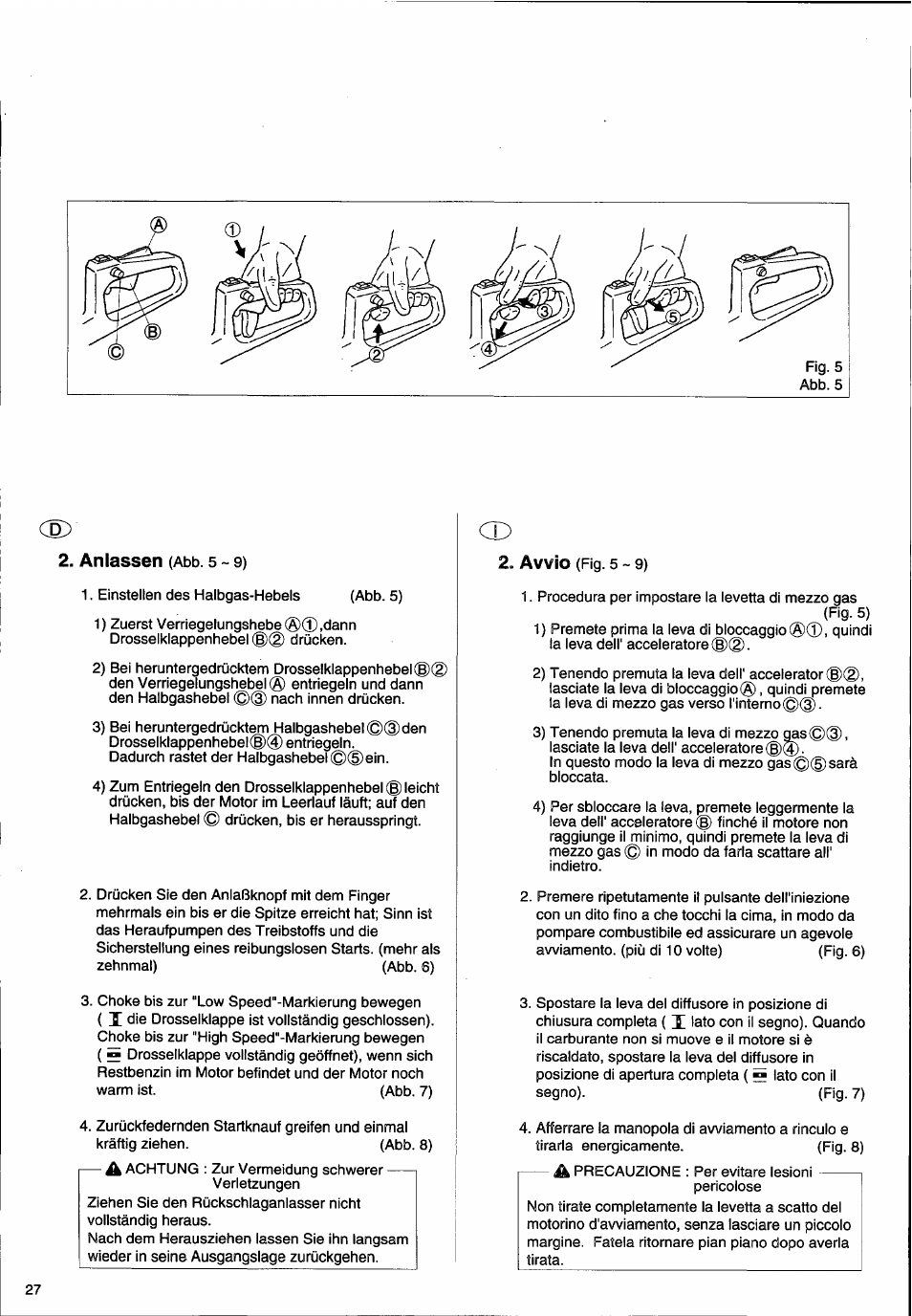 Cs) 2. anlassen, Avvio | Husqvarna 26H User Manual | Page 28 / 41
