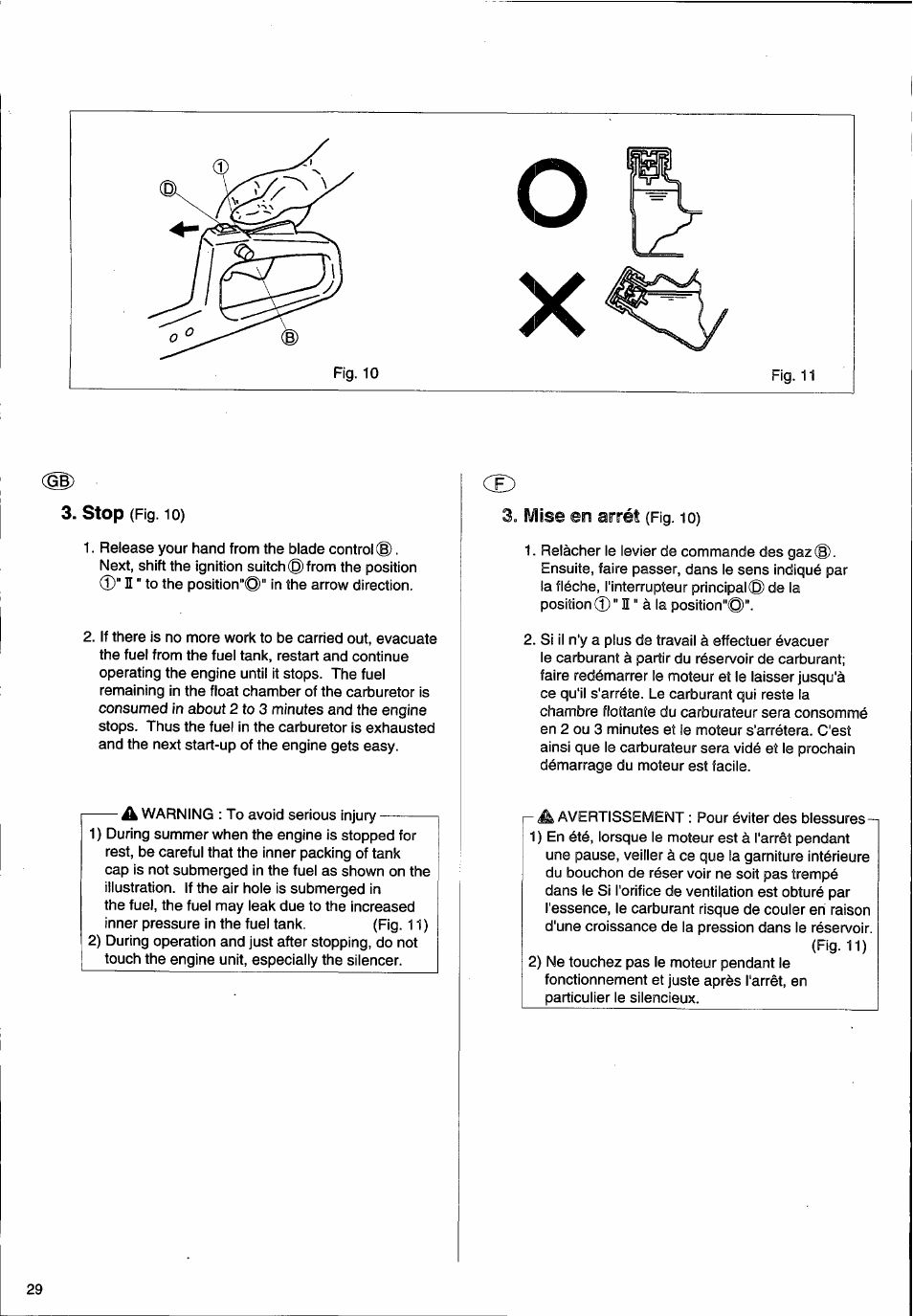 Stop, 3= mise en arrêt | Husqvarna 26H User Manual | Page 30 / 41