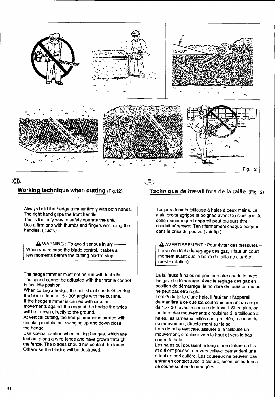 Working technique when cutting (fig. 12), Technigoe de, Sore de | Working technique when cutting, Travail, Ia taiste | Husqvarna 26H User Manual | Page 32 / 41