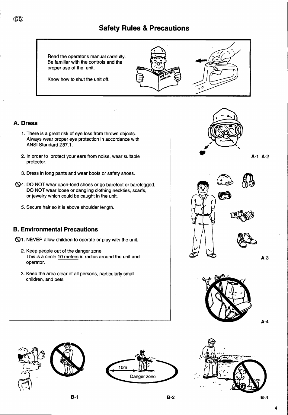 A. dress, B. environmental precautions, Safety rules & precautions | Husqvarna 26H User Manual | Page 5 / 41