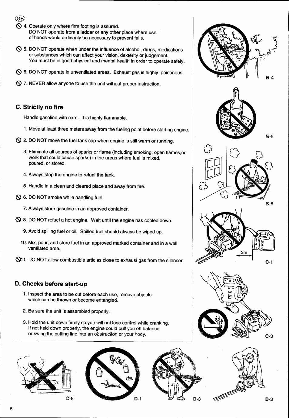 C. strictly no fire, D. checks before start-up | Husqvarna 26H User Manual | Page 6 / 41