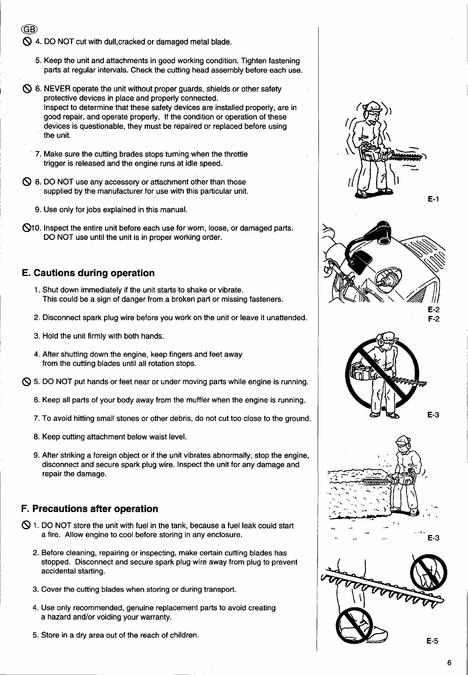 E. cautions during operation, F. precautions after operation | Husqvarna 26H User Manual | Page 7 / 41