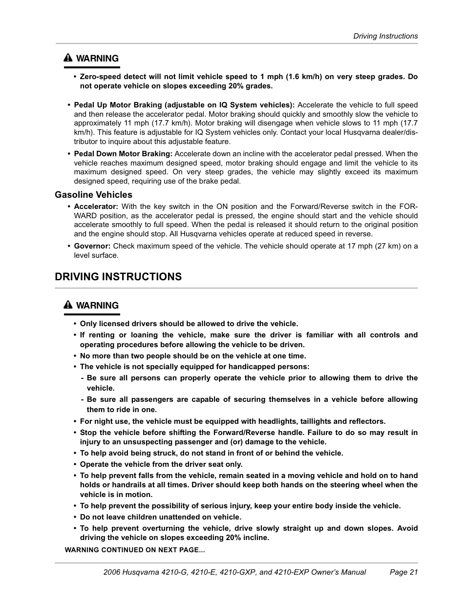 Driving instructions, Driving instructions ý | Husqvarna HUV4210-EXP User Manual | Page 23 / 56