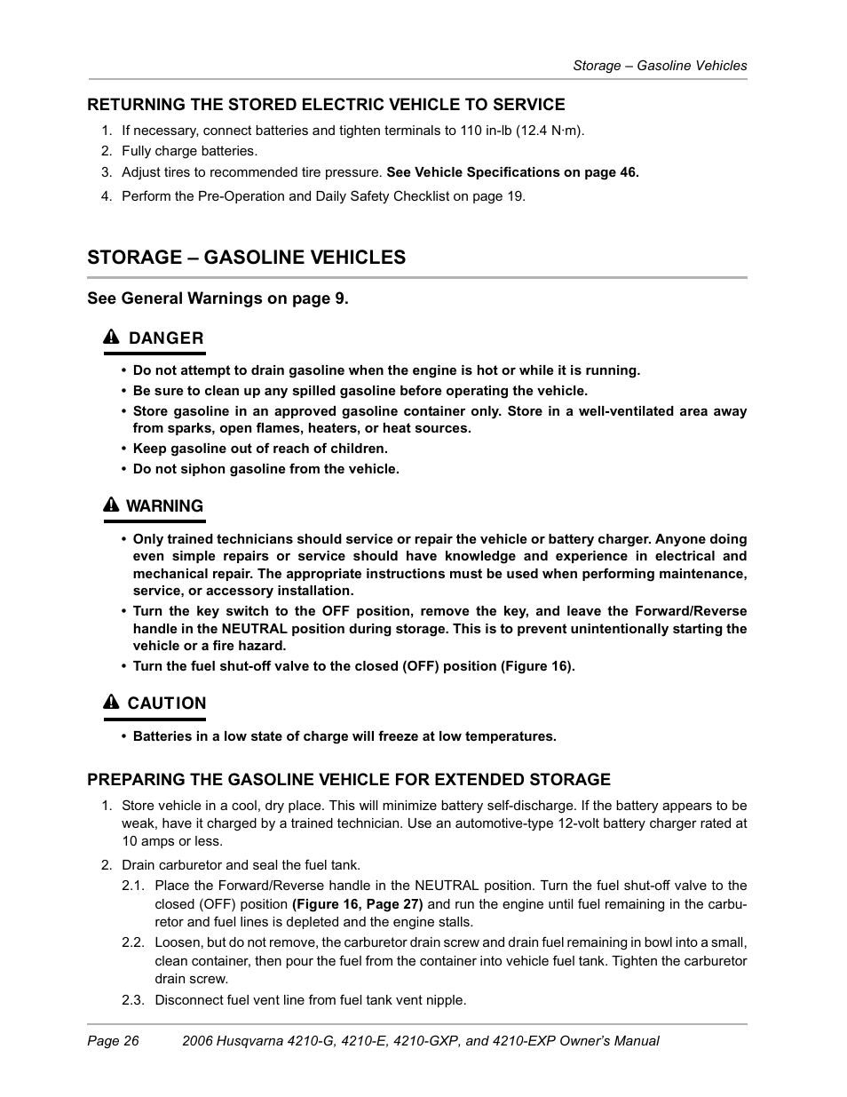 Gasoline vehicles, Storage – gasoline vehicles | Husqvarna HUV4210-EXP User Manual | Page 28 / 56