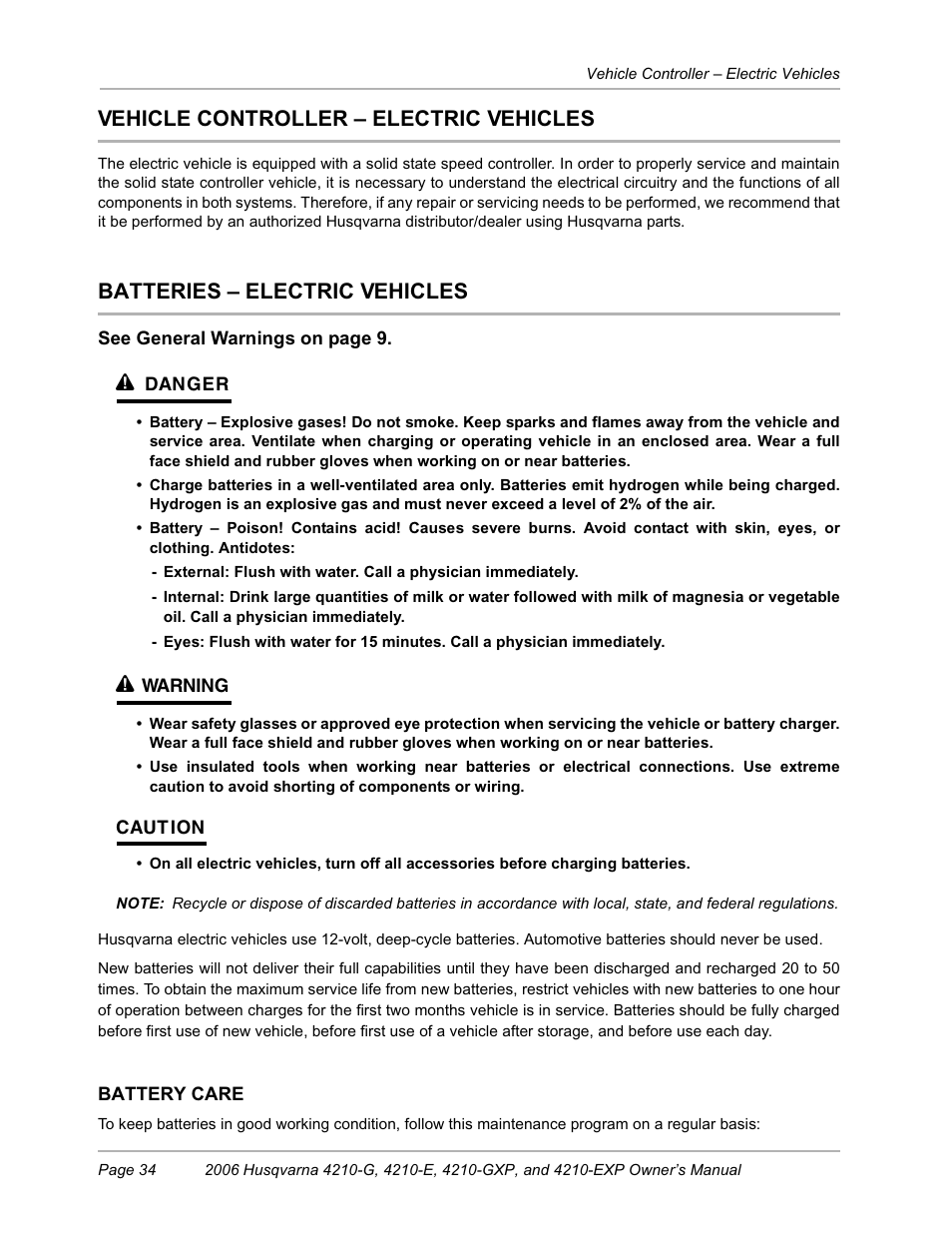 Vehicle controller - electric vehicles, Batteries - electric vehicles, Vehicle controller – electric vehicles | Batteries – electric vehicles | Husqvarna HUV4210-EXP User Manual | Page 36 / 56