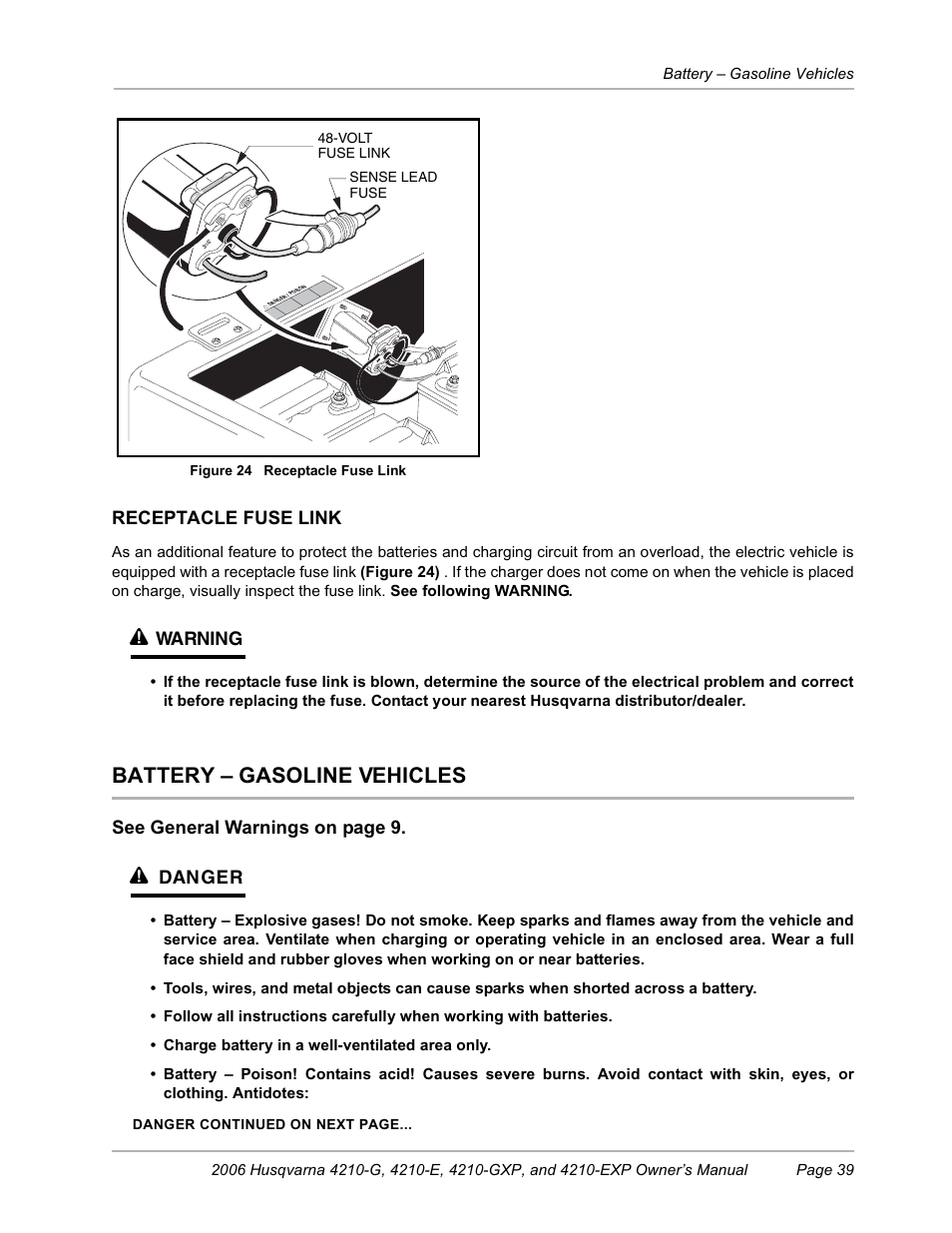 Battery - gasoline vehicles, Battery – gasoline vehicles, Receptacle fuse link | Warning, See general warnings on page 9, Danger | Husqvarna HUV4210-EXP User Manual | Page 41 / 56