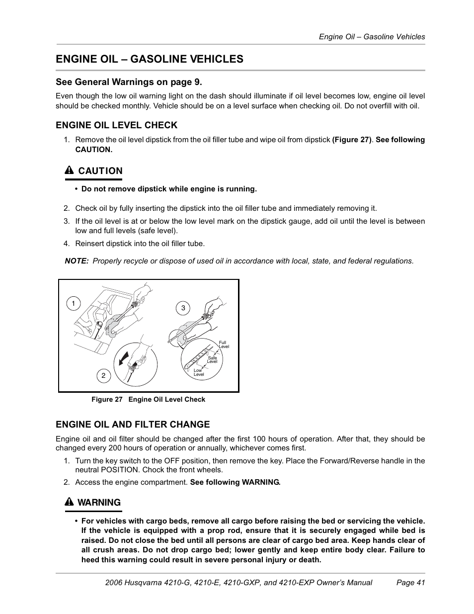 Engine oil - gasoline vehicles, Engine oil – gasoline vehicles | Husqvarna HUV4210-EXP User Manual | Page 43 / 56