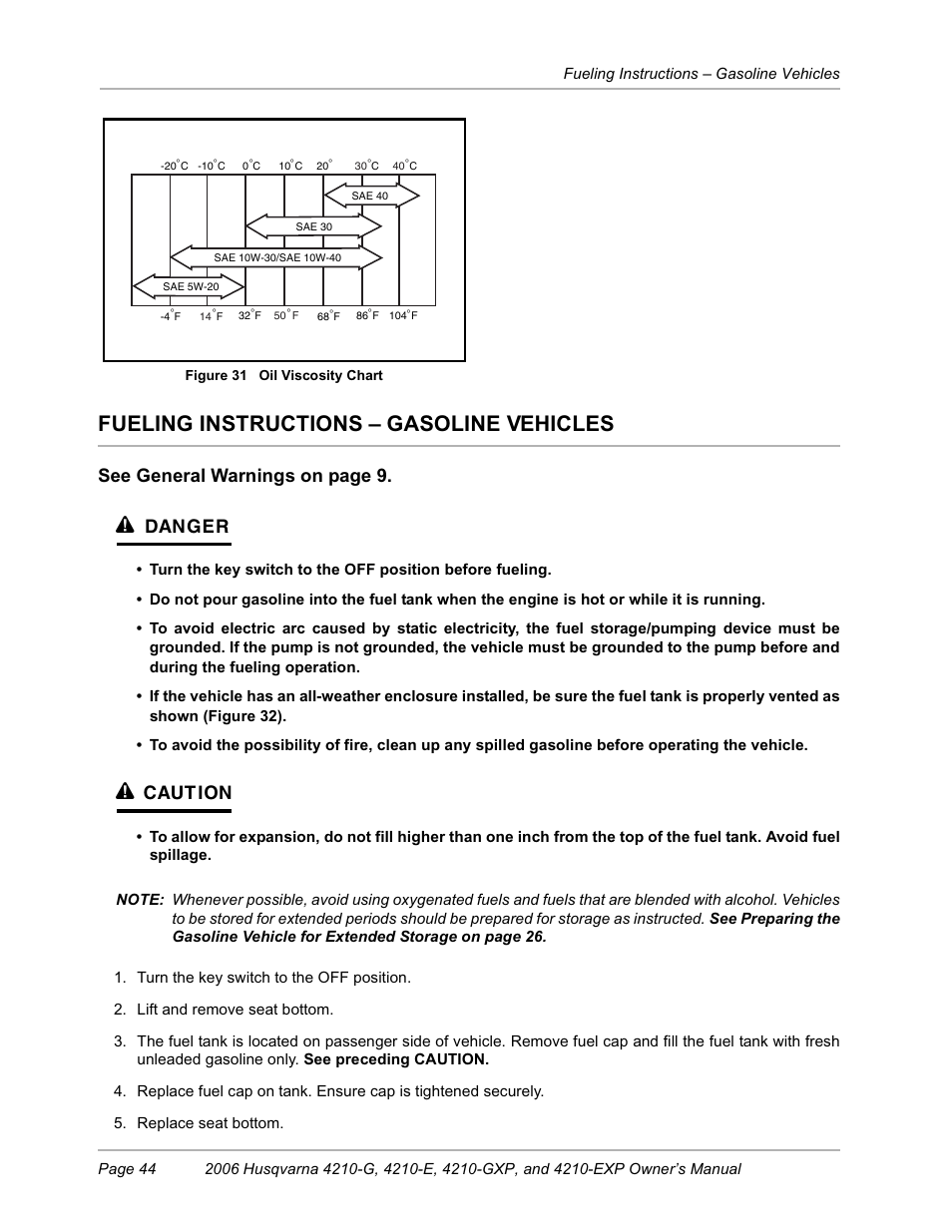 Fueling instructions - gasoline vehicles, Fueling instructions – gasoline vehicles, See general warnings on page 9 | Danger, Caution | Husqvarna HUV4210-EXP User Manual | Page 46 / 56