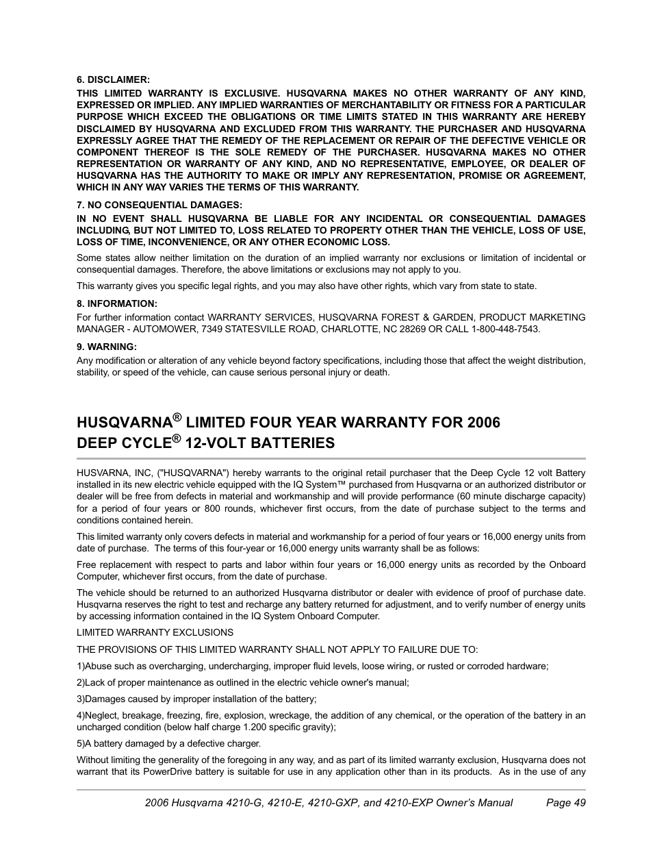 Husqvarna, Limited four year warranty for 2006 deep cycle, Volt batteries | Husqvarna HUV4210-EXP User Manual | Page 51 / 56