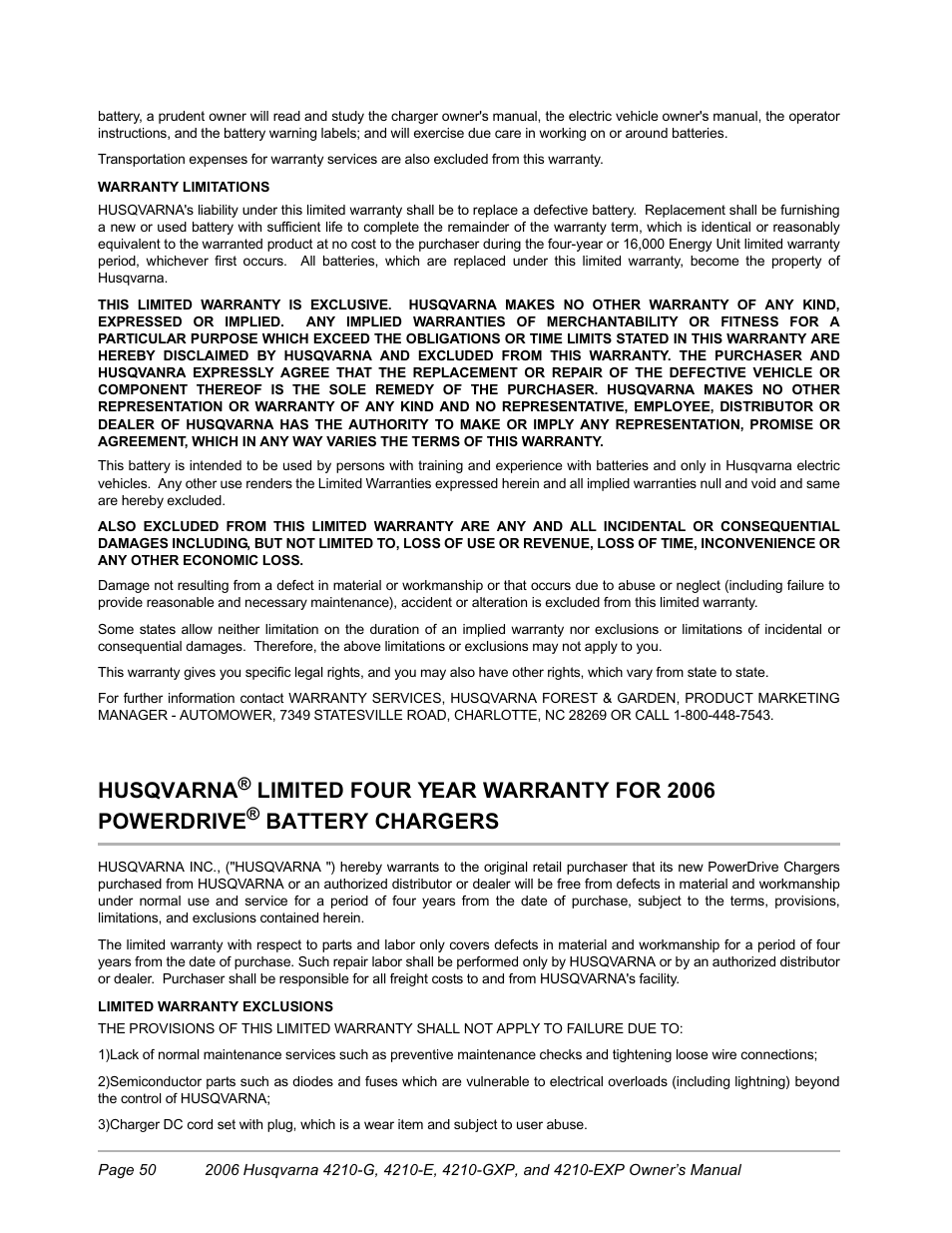 Husqvarna, Limited four year warranty for 2006 powerdrive, Battery chargers | Husqvarna HUV4210-EXP User Manual | Page 52 / 56