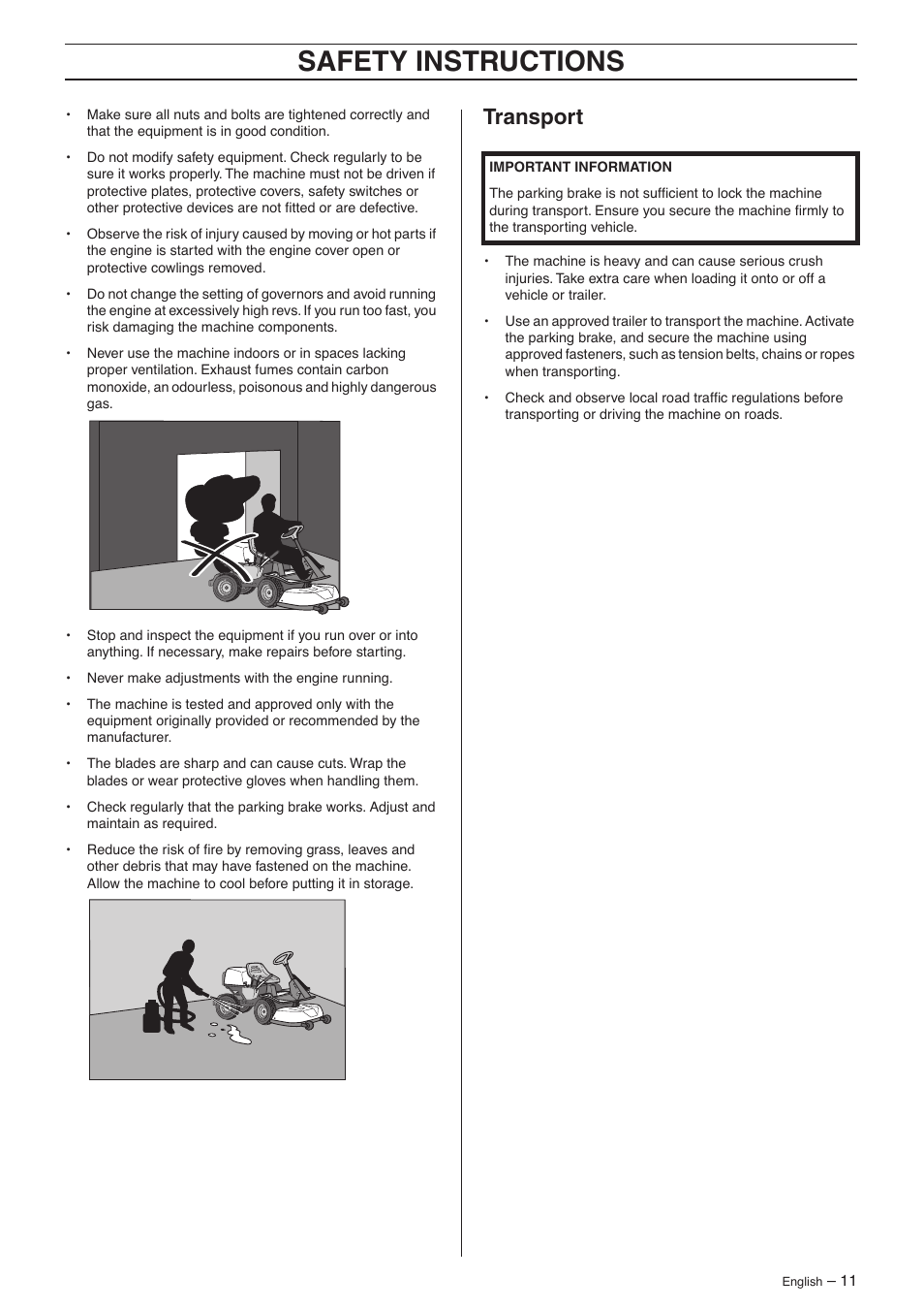 Transport, Safety instructions | Husqvarna 15V2s AWD User Manual | Page 11 / 40