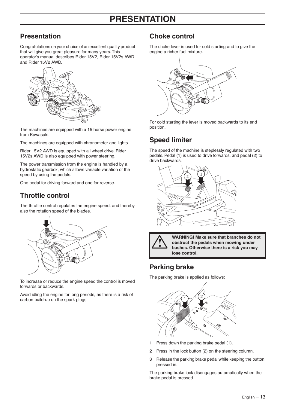 Presentation, Throttle control, Choke control | Speed limiter, Parking brake | Husqvarna 15V2s AWD User Manual | Page 13 / 40