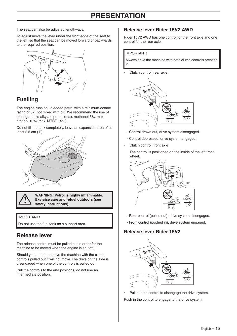 Fuelling, Release lever, Release lever rider 15v2 awd | Release lever rider 15v2, Presentation | Husqvarna 15V2s AWD User Manual | Page 15 / 40