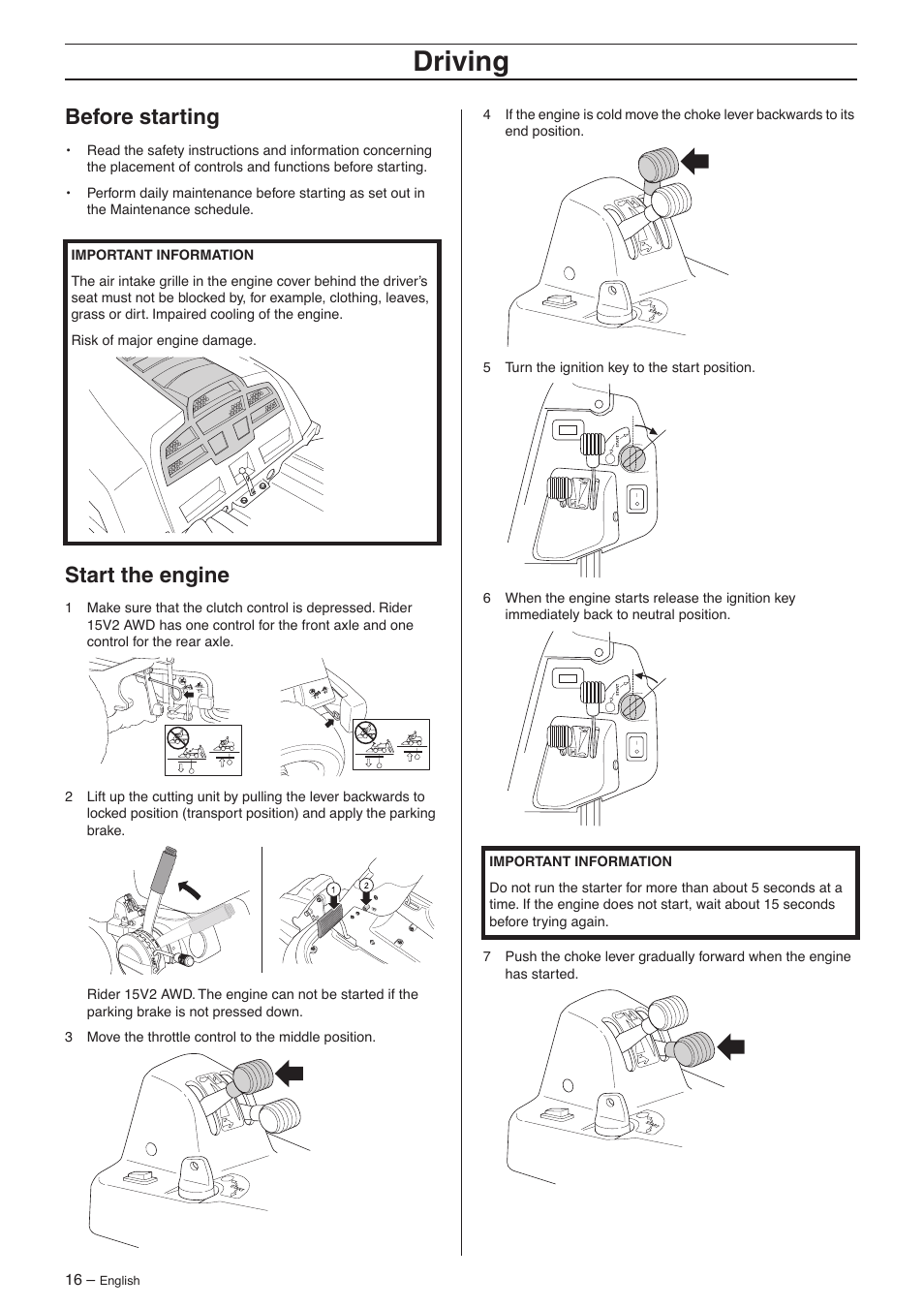 Before starting, Start the engine, Driving | Husqvarna 15V2s AWD User Manual | Page 16 / 40