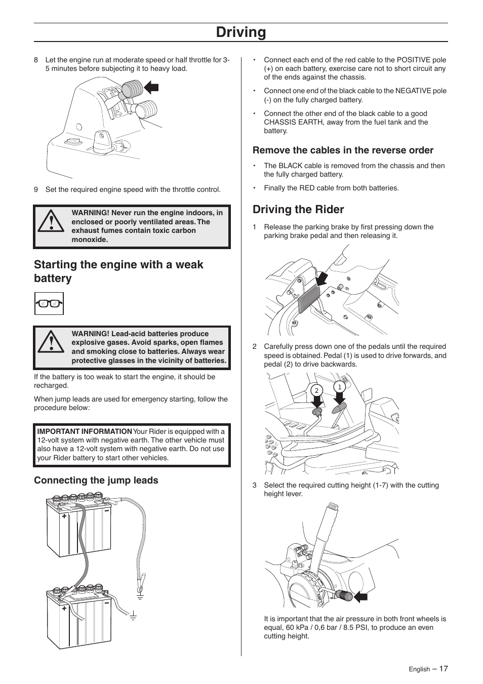Starting the engine with a weak battery, Connecting the jump leads, Remove the cables in the reverse order | Driving the rider, Driving | Husqvarna 15V2s AWD User Manual | Page 17 / 40