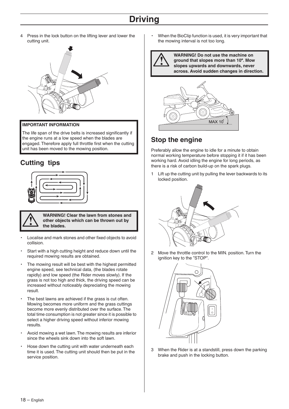 Cutting tips, Stop the engine, Driving | Husqvarna 15V2s AWD User Manual | Page 18 / 40