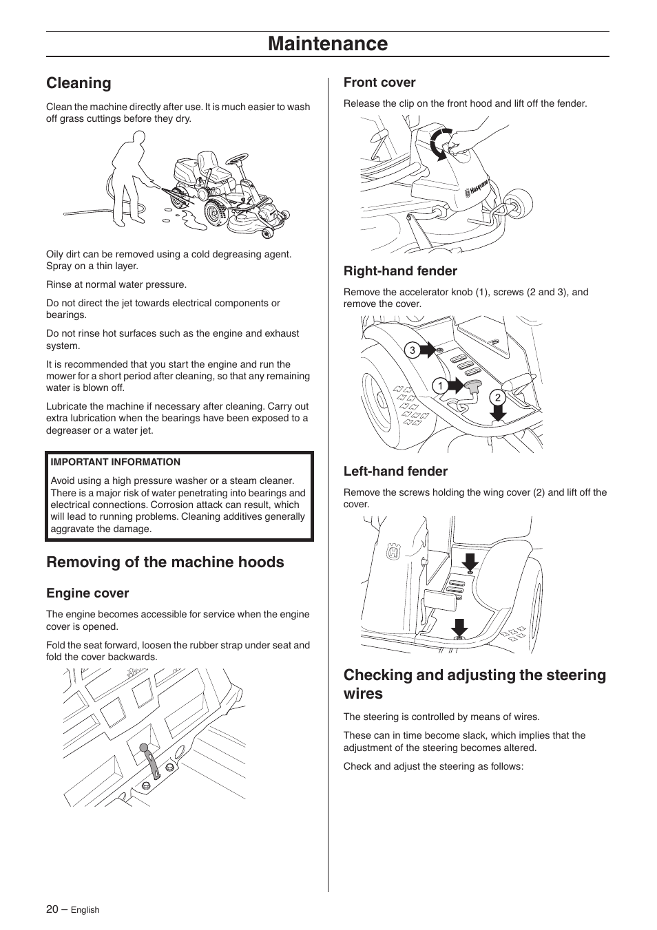 Cleaning, Removing of the machine hoods, Engine cover | Front cover, Right-hand fender, Left-hand fender, Checking and adjusting the steering wires, Maintenance | Husqvarna 15V2s AWD User Manual | Page 20 / 40