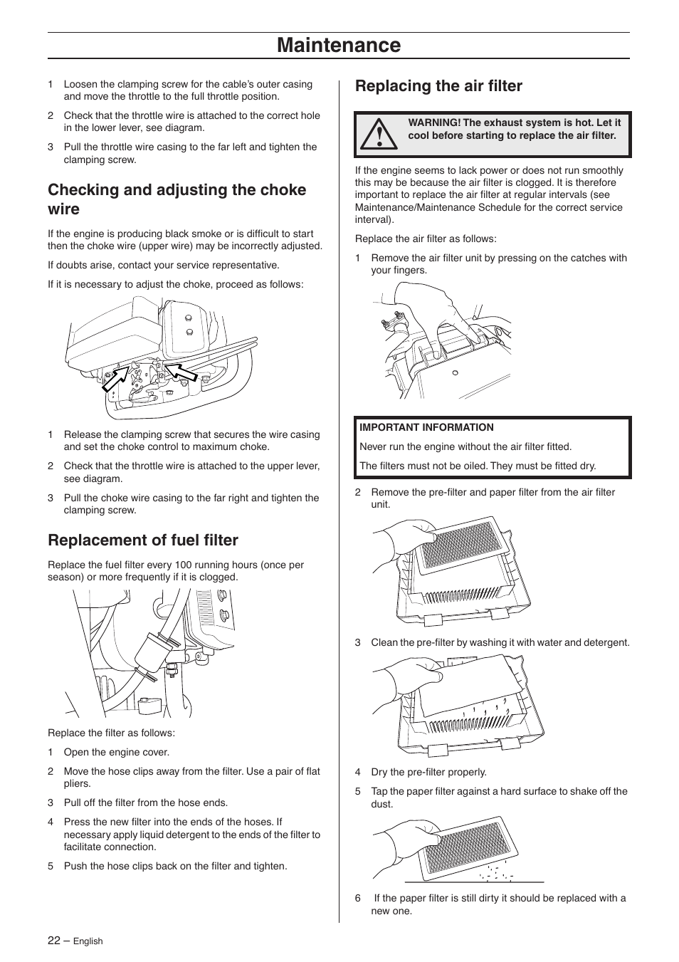 Checking and adjusting the choke wire, Replacement of fuel filter, Replacing the air filter | Maintenance | Husqvarna 15V2s AWD User Manual | Page 22 / 40