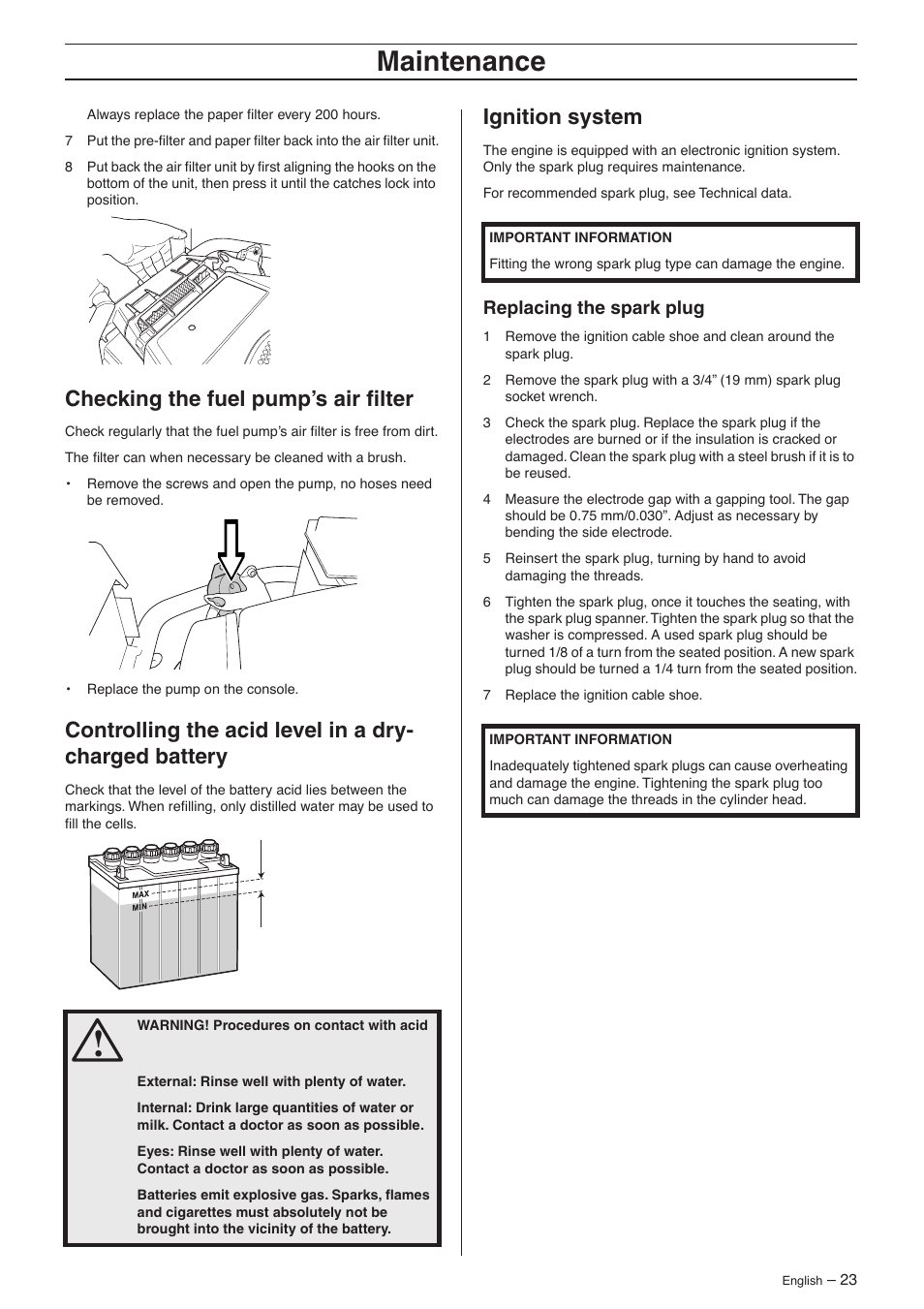 Checking the fuel pump’s air filter, Ignition system, Replacing the spark plug | Maintenance | Husqvarna 15V2s AWD User Manual | Page 23 / 40