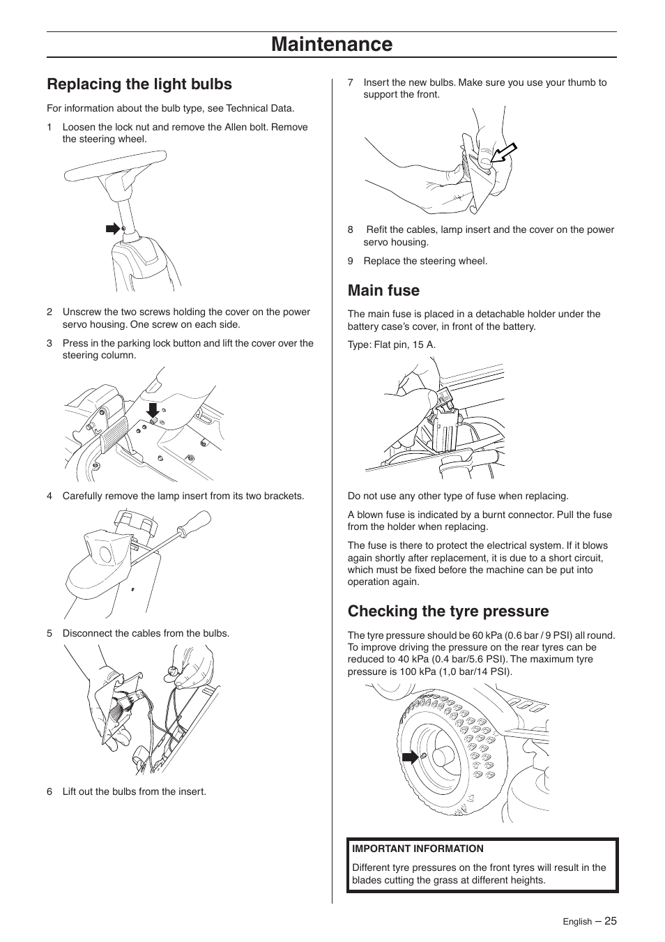 Replacing the light bulbs, Main fuse, Checking the tyre pressure | Maintenance | Husqvarna 15V2s AWD User Manual | Page 25 / 40