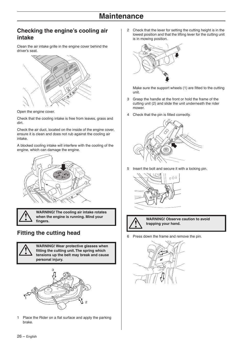 Checking the engine’s cooling air intake, Fitting the cutting head, Maintenance | Husqvarna 15V2s AWD User Manual | Page 26 / 40