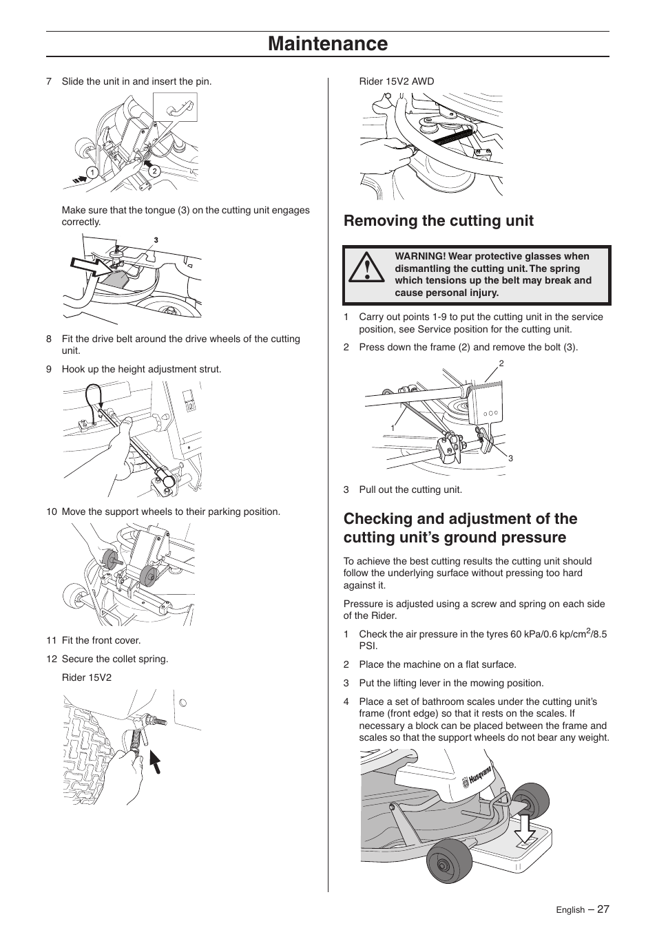 Removing the cutting unit, Maintenance | Husqvarna 15V2s AWD User Manual | Page 27 / 40