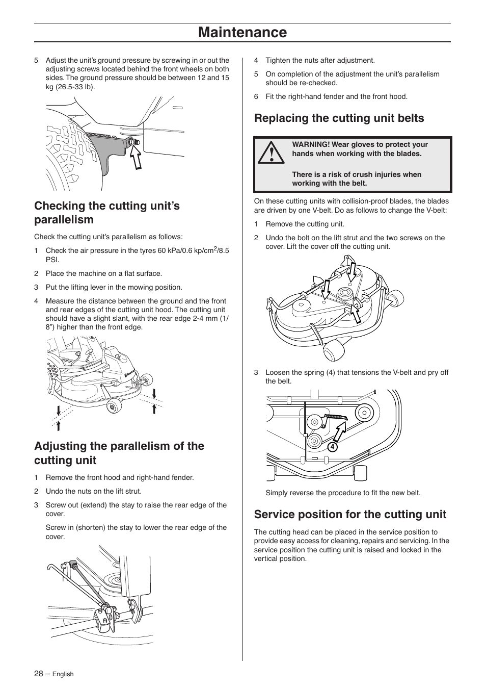 Checking the cutting unit’s parallelism, Adjusting the parallelism of the cutting unit, Replacing the cutting unit belts | Service position for the cutting unit, Maintenance | Husqvarna 15V2s AWD User Manual | Page 28 / 40