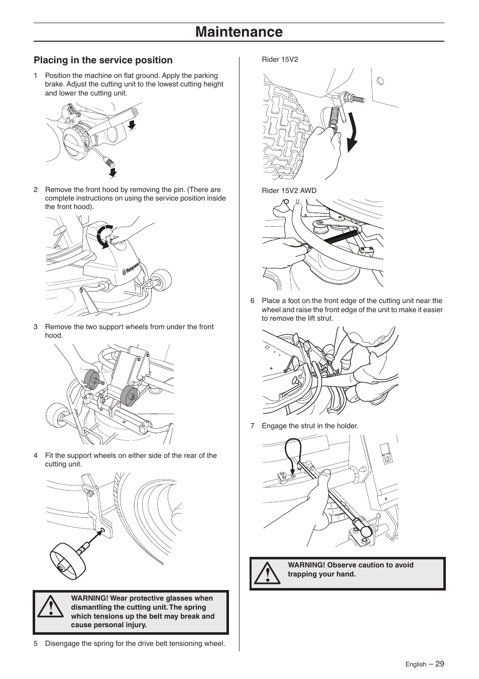 Placing in the service position, Maintenance | Husqvarna 15V2s AWD User Manual | Page 29 / 40