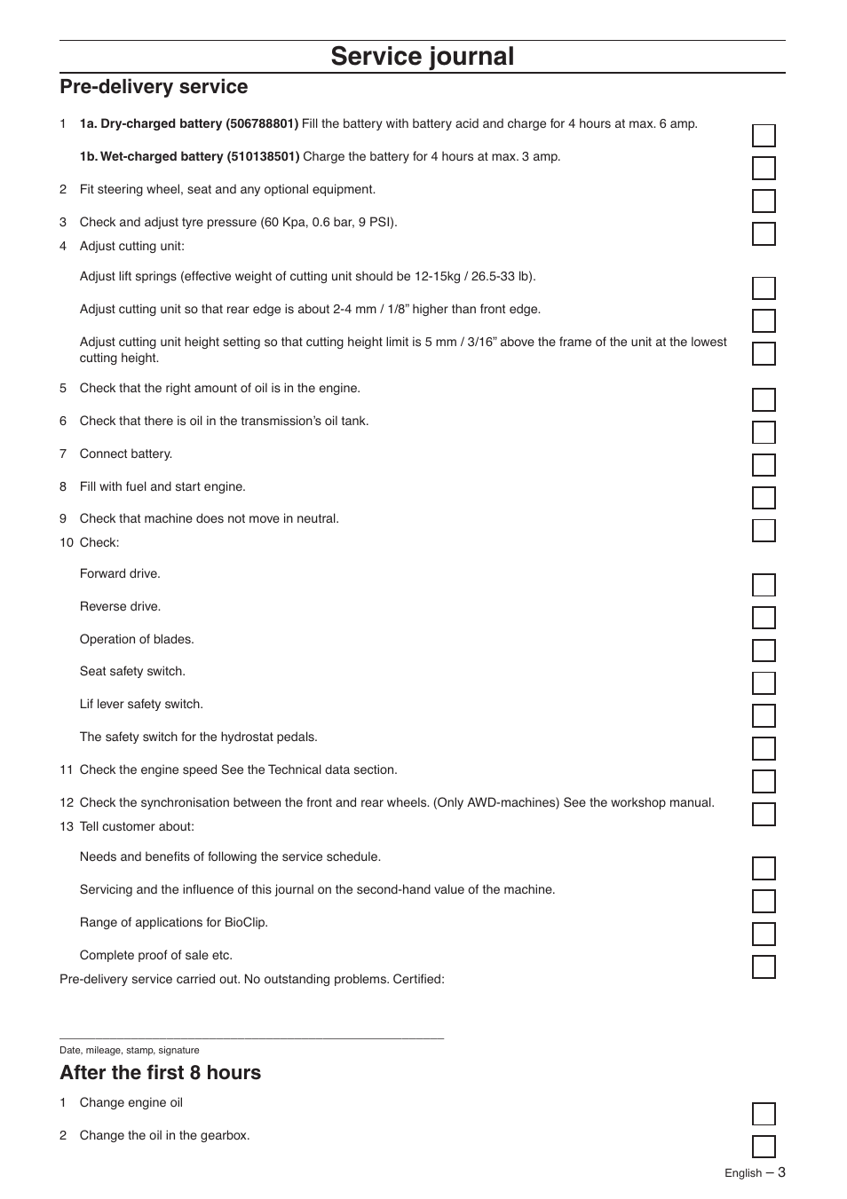 Pre-delivery service, After the first 8 hours, Ser vice journal | Pre-deliver y service, After the fi rst 8 hours | Husqvarna 15V2s AWD User Manual | Page 3 / 40