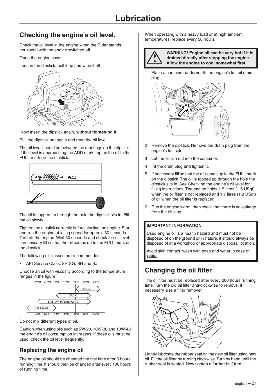 Checking the engine’s oil level, Replacing the engine oil, Changing the oil filter | Lubrication | Husqvarna 15V2s AWD User Manual | Page 31 / 40