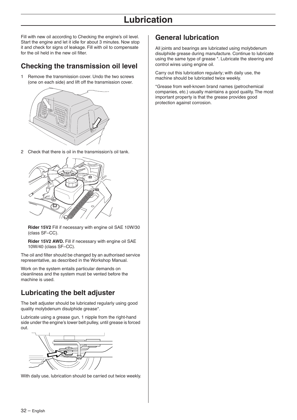 Checking the transmission oil level, Lubricating the belt adjuster, General lubrication | Lubrication | Husqvarna 15V2s AWD User Manual | Page 32 / 40