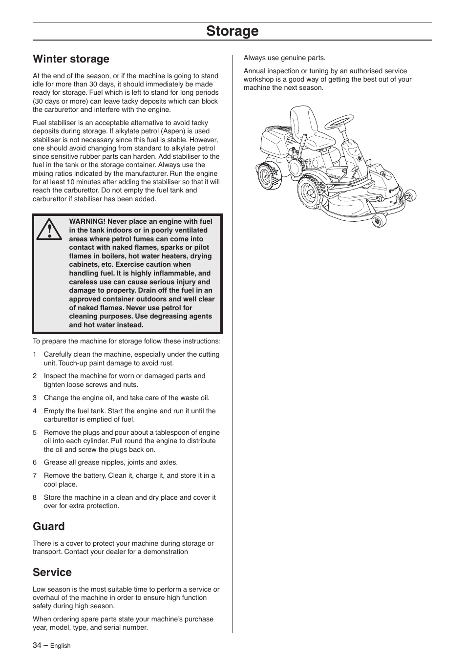 Winter storage, Guard, Service | Storage | Husqvarna 15V2s AWD User Manual | Page 34 / 40