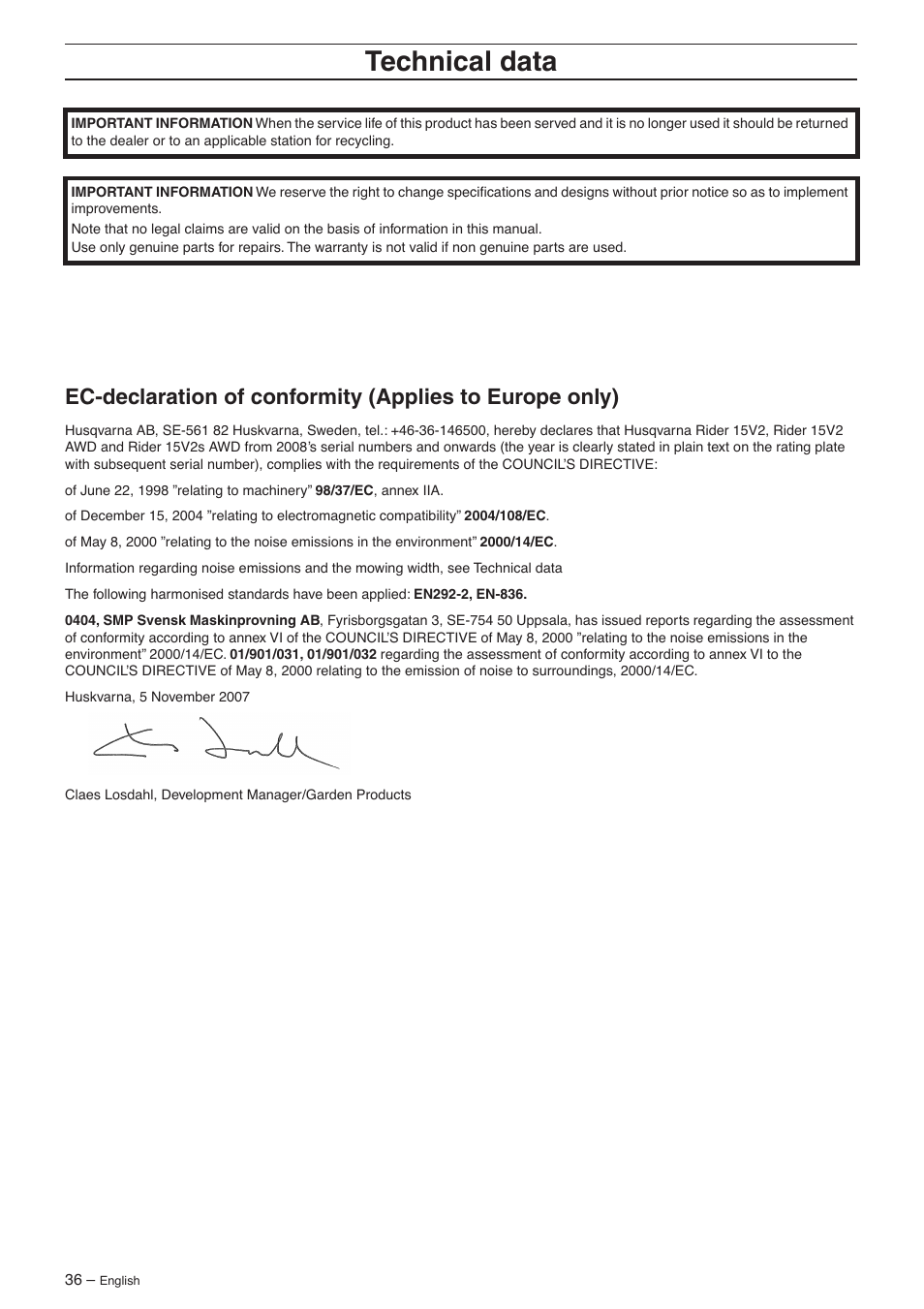 Technical data | Husqvarna 15V2s AWD User Manual | Page 36 / 40