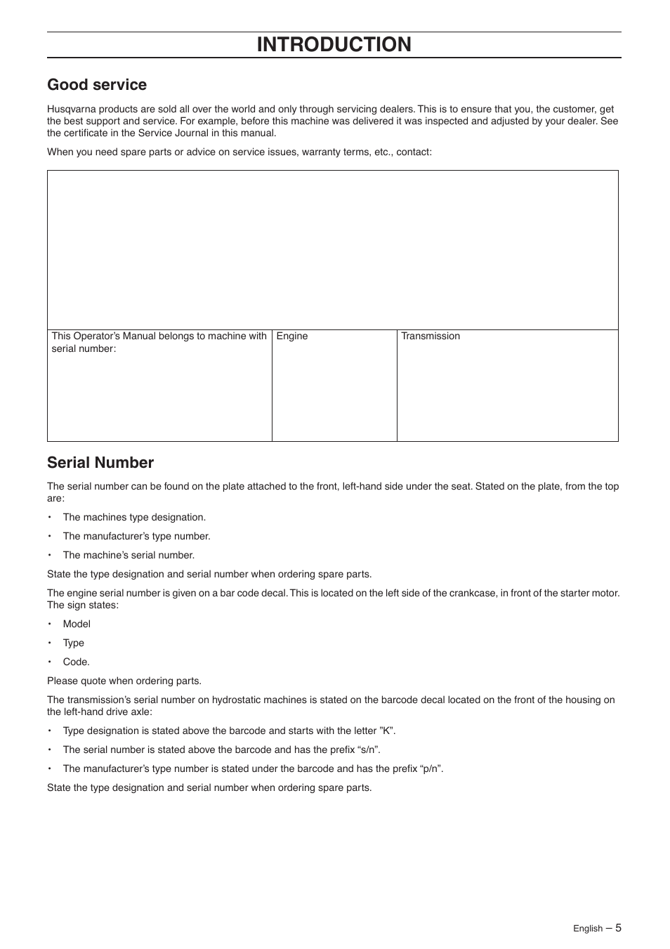 Good service, Serial number, Intr oduction | Good ser vice | Husqvarna 15V2s AWD User Manual | Page 5 / 40