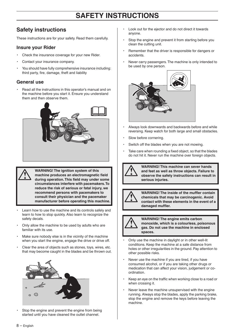 Safety instructions, Insure your rider, General use | Safety instr uctions, Saf ety instructions | Husqvarna 15V2s AWD User Manual | Page 8 / 40