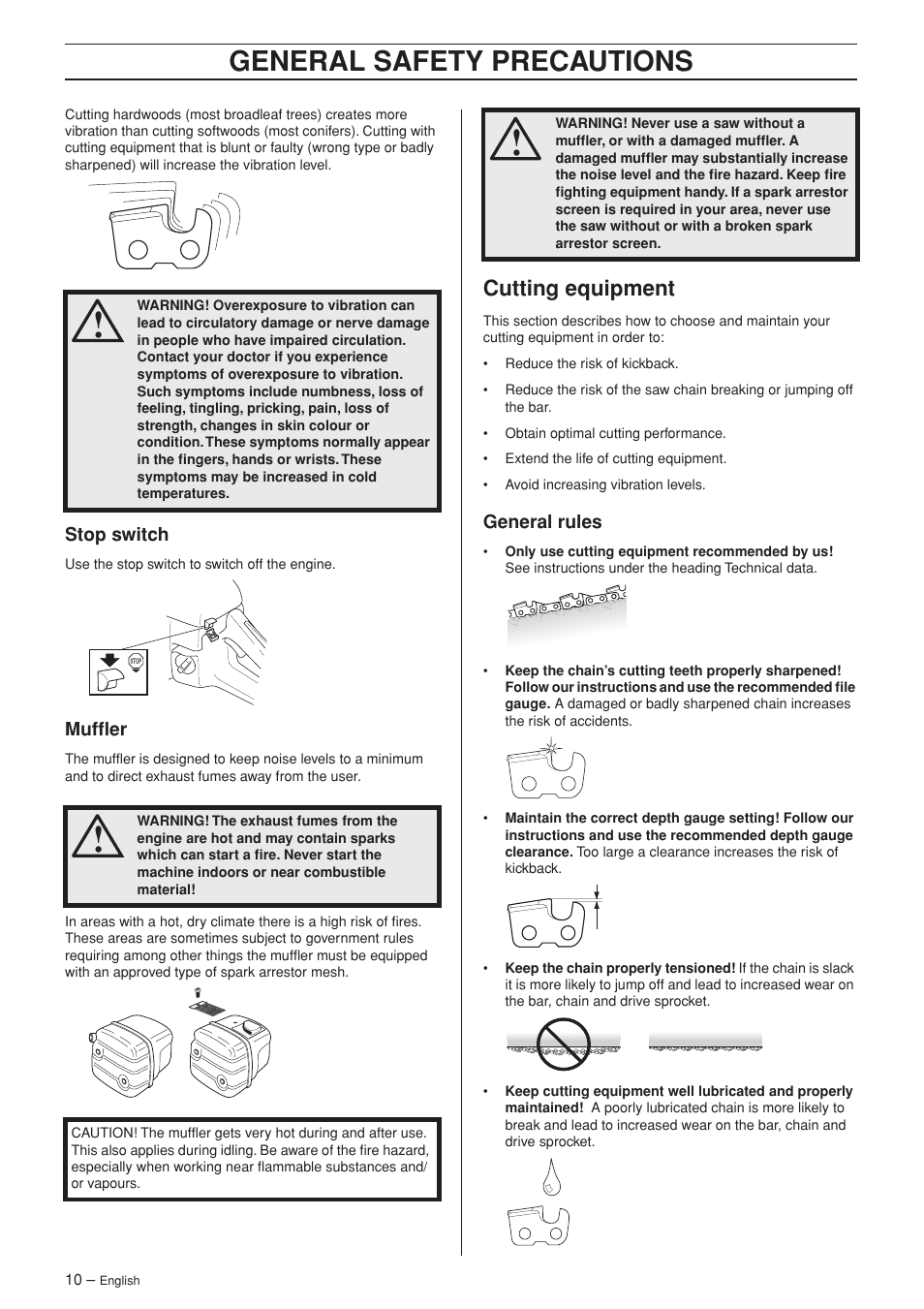 Stop switch, Muffler, Cutting equipment | General rules, General safety precautions | Husqvarna 340e User Manual | Page 10 / 44